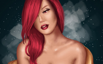 Картинка рисованное люди макияж губы девушка плечи взгляд фон помада красные волосы