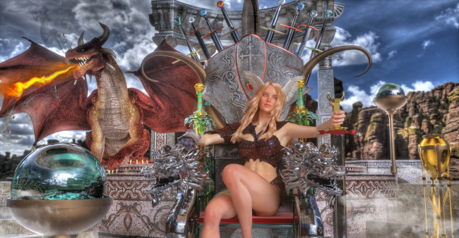 Обои картинки фото 3д графика, фантазия , fantasy, девушка, дракон, фон, взгляд