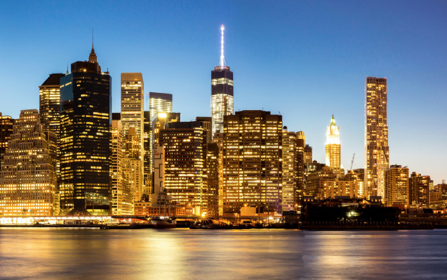 Обои картинки фото города, нью-йорк , сша, побережье, нью-йорк, огни, ночь, небоскребы
