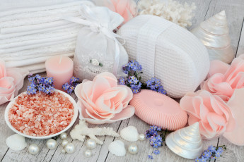 Картинка разное косметические+средства +духи спа цветы мыло полотенце ракушка соль свечи