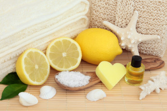 Картинка разное косметические+средства +духи спа полотенце лимон ракушка масло соль