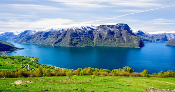 Картинка норвегия природа реки озера водоем трава деревья облака горы