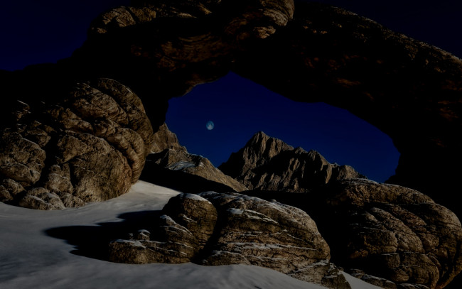 Обои картинки фото природа, горы, луна, скала, ночь, арка, камни
