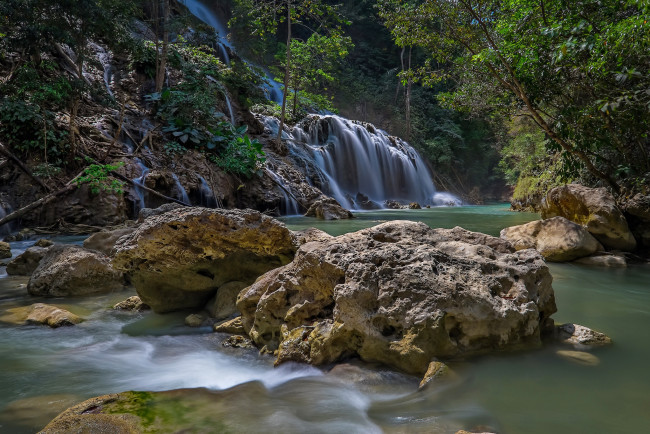 Обои картинки фото природа, водопады, река, лес, водопад