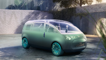 обоя mini vision urbanaut, автомобили, mini, двор, микроавтобус, зеленый