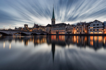 Картинка города цюрих+ швейцария река мост вечер огни