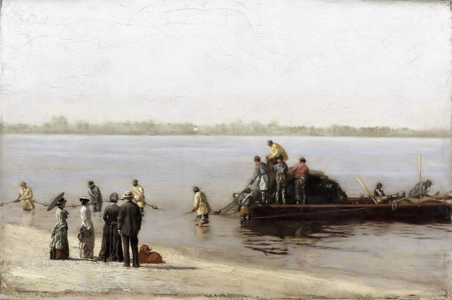 Обои картинки фото рисованное, thomas eakins, река, лодка, люди