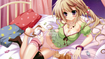 Картинка аниме animals кровать девушка подушки конфеты кошка