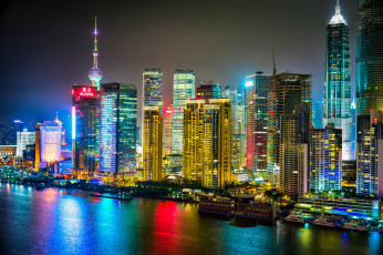 обоя shanghai, china, города, шанхай, китай, ночной, город, здания, небоскрёбы, река