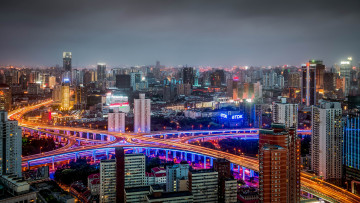 обоя huangpu, shanghai, china, города, шанхай, китай, хуанпу, панорама, ночной, город, здания, дороги