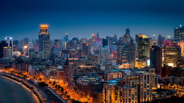 Картинка huangpu shanghai china города шанхай китай набережная ночной город здания панорама хуанпу