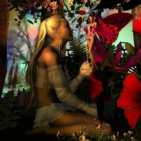 Обои картинки фото 3д, графика, fantasy, фантазия, цветы, лес, фея, девушка