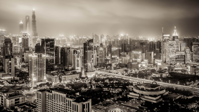 Обои картинки фото huangpu, shanghai, china, города, шанхай, китай, хуанпу, ночной, город, здания, панорама, чёрно-белая