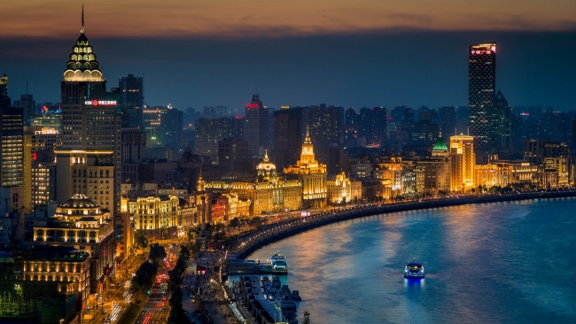 Обои картинки фото shanghai, china, города, шанхай, китай, здания, река, набережная, ночной, город