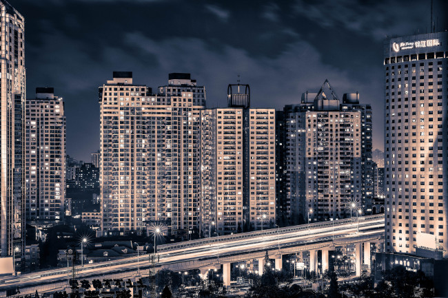 Обои картинки фото yan`an, highway, shanghai, china, города, шанхай, китай, здания, ночной, город, эстакада
