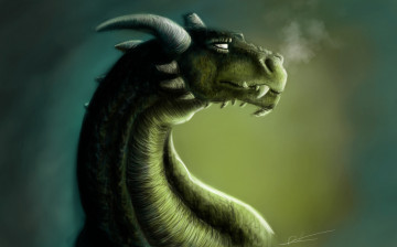 Картинка фэнтези драконы фантастика арт дракон зеленый рога взгляд фон