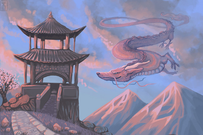 Обои картинки фото фэнтези, драконы, дракон, полет, китай, горы