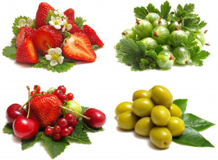 обоя еда, фрукты и овощи вместе, оливки, клубника, цветы, листья, смородина, черешня, крыжовник