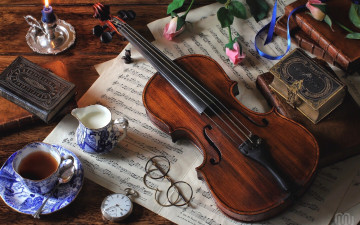 Картинка музыка -музыкальные+инструменты очки ноты скрипка натюрморт молоко часы книги розы чай