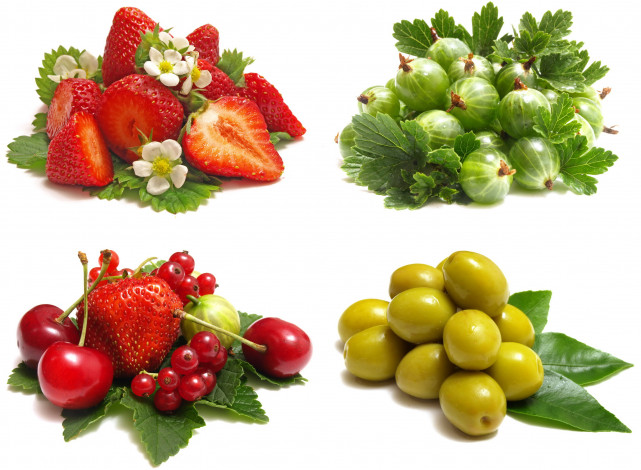 Обои картинки фото еда, фрукты и овощи вместе, оливки, клубника, цветы, листья, смородина, черешня, крыжовник