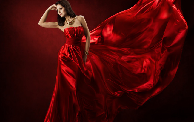 Обои картинки фото девушки, -unsort , брюнетки,  шатенки, beautiful, dress, red, красный, woman, шелк, платье