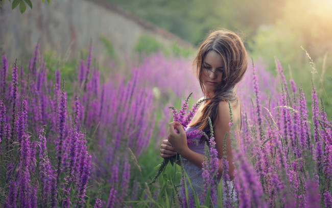 Обои картинки фото девушки, -unsort , брюнетки,  шатенки, настроение, луг, цветы