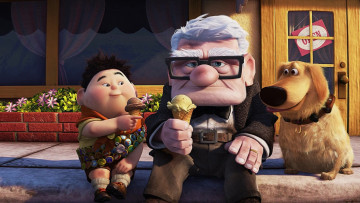 обоя мультфильмы, up, мороженое, очки, мальчик, значки, дедушка, собака