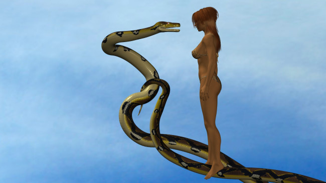 Обои картинки фото 3д графика, фантазия , fantasy, дерево, змея, фон, девушка, взгляд