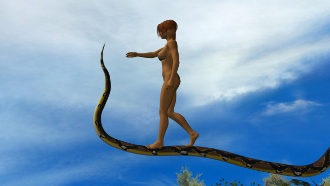 Обои картинки фото 3д графика, фантазия , fantasy, девушка, фон, змея, дерево, взгляд