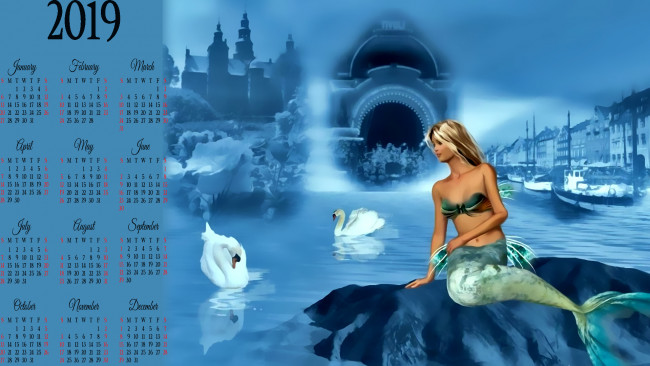 Обои картинки фото календари, фэнтези, 2019, calendar, здание, водоем, лебедь, русалка