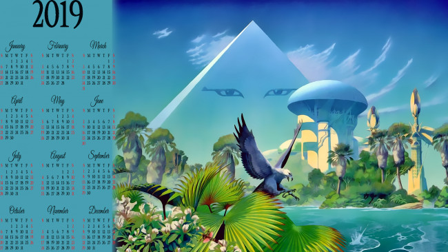 Обои картинки фото календари, фэнтези, птица, пирамида, глаза, природа, calendar, 2019