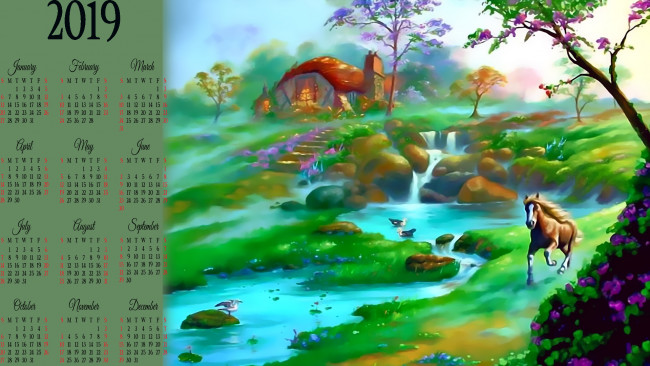 Обои картинки фото календари, рисованные,  векторная графика, водоем, птица, водопад, дом, природа, конь, растение, calendar, 2019, лошадь