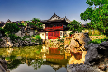 Картинка парк юйян шанхай китай природа камни деревья пруд пагода