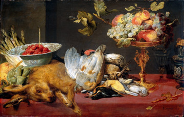 Картинка фламандская живопись xvii века рисованные бокал спаржа артишок птица фрукты кролик