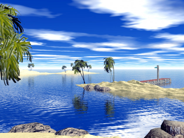 Обои картинки фото 3д, графика, nature, landscape, природа, море, пальмы, небо