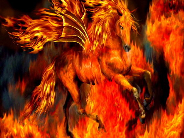 Обои картинки фото фэнтези, пегасы, конь, огонь, крылья