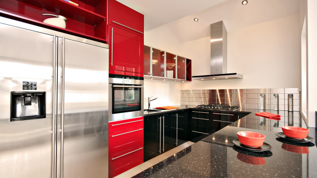 Обои картинки фото интерьер, кухня, стиль, дизайн, красный