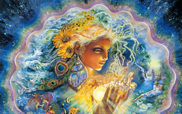 Картинка creation of summer фэнтези josephine wall девушка цветы солнце пальмы перья павлина птицы