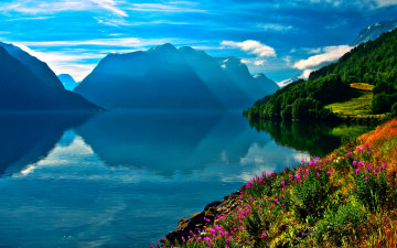 Картинка peaceful place природа реки озера цветы берег лес горы озеро