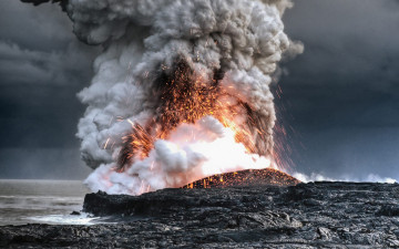 обоя save, the, world, природа, стихия, побережье, океан, пепел, огонь, дым, извержение, вулкан