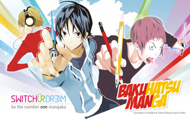 Обои картинки фото bakuman, аниме, eiji, niizuma, akito, takagi, перьевая, ручка, наушники