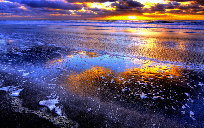 Обои картинки фото foamy, beach, природа, моря, океаны, океан, пляж, простор, закат, горизонт