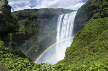 обоя skogafoss, iceland, природа, водопады, скалы, радуга, исландия, водопад, скоугафосс