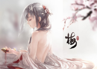 Картинка фэнтези девушки лепестки иероглифы сакура кинжал девушка арт вода