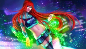 Картинка фэнтези девушки рыжая девушка магия энергия юбка волосы starfire