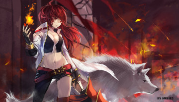 Картинка аниме -halloween+&+magic огонь магия девушка elsword swd3e2 ведьма волк животное