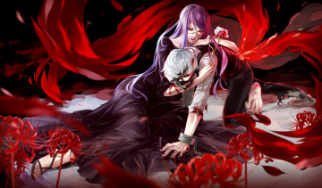 Картинка аниме tokyo+ghoul tokyo ghoul цветы kamishiro rize парень kaneki ken взгляд кровь боль объятья коготь гуль девушка nye art