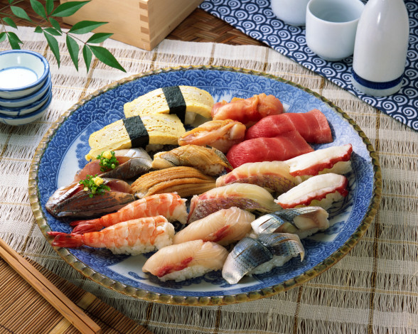 Обои картинки фото еда, рыба,  морепродукты,  суши,  роллы, суши, селедка, тарелка