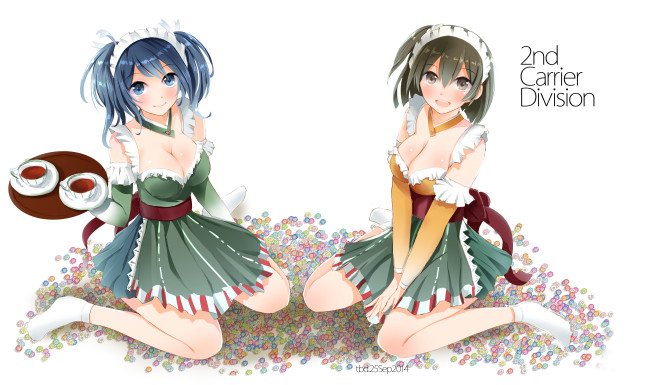 Обои картинки фото аниме, kantai collection, девушки, цветы, поднос, горничные, чашки, чай, белый, фон, сидят