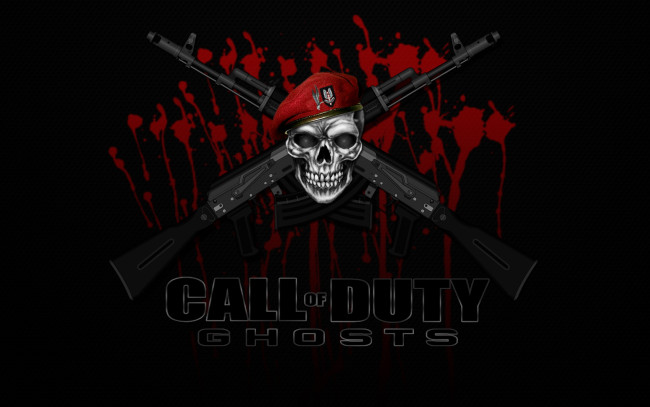 Обои картинки фото видео игры, call of duty,  ghosts, фон, череп, оружие, кров, берет